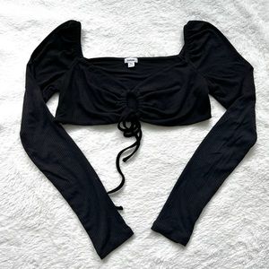 Garage black long sleeve tie front top